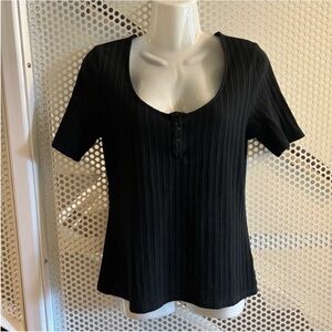 Sezane Rue Saint-Fiagre Short Sleeve Ribbed Scoop Neck Top Size Small in Black